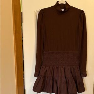 Carolina Brown Long Sleeve Dress with gathered waist and ruffle layered hem